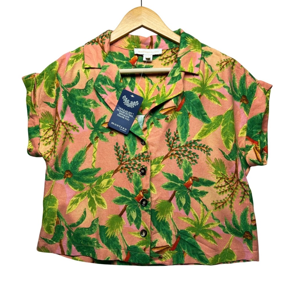 Tropical Palm Tree Bird Print Button Up Shirt Crop Linen Blend NWT Coastal‎ S